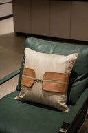 Cotton Textured Cushion Cover with Leather Belt Detail - 18x18 inches