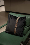 Black Velvet Cushion Cover with Leopard Print Stripe - 18x18 Square Pillow